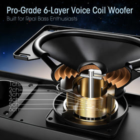 BYL close-up of dual woofers highlighting large 6-layer voice coils for deeper bass