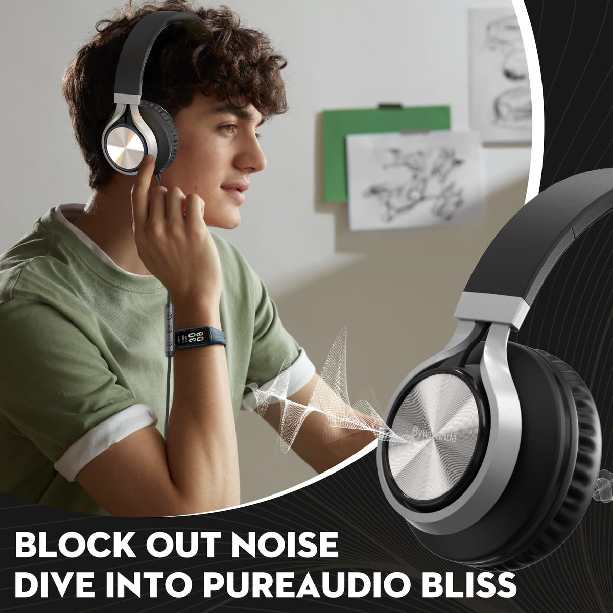 Bywulanda Headphones mic with volume control for clear calls.