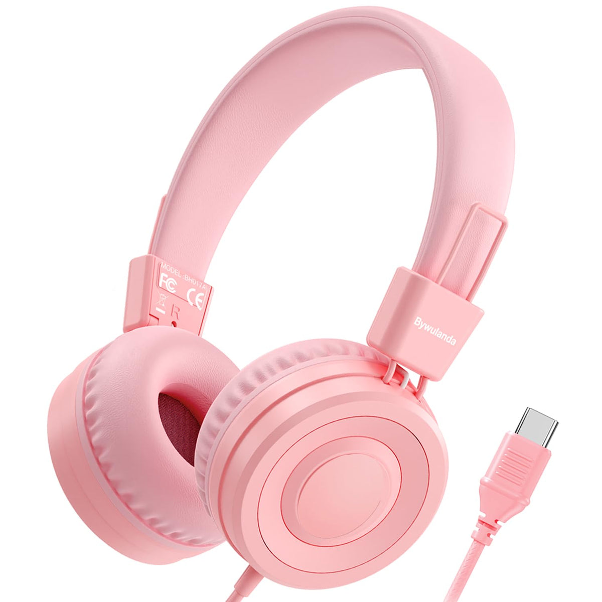 Bywulanda USB-C kids headphones front view in pink for classroom listening