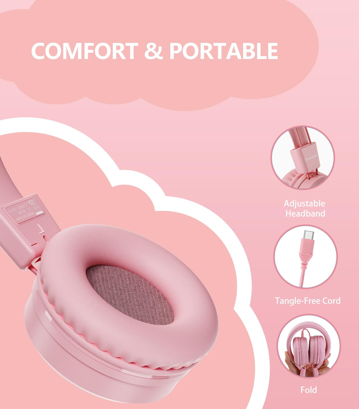 Lightweight pink Bywulanda headphones ideal for travel and study