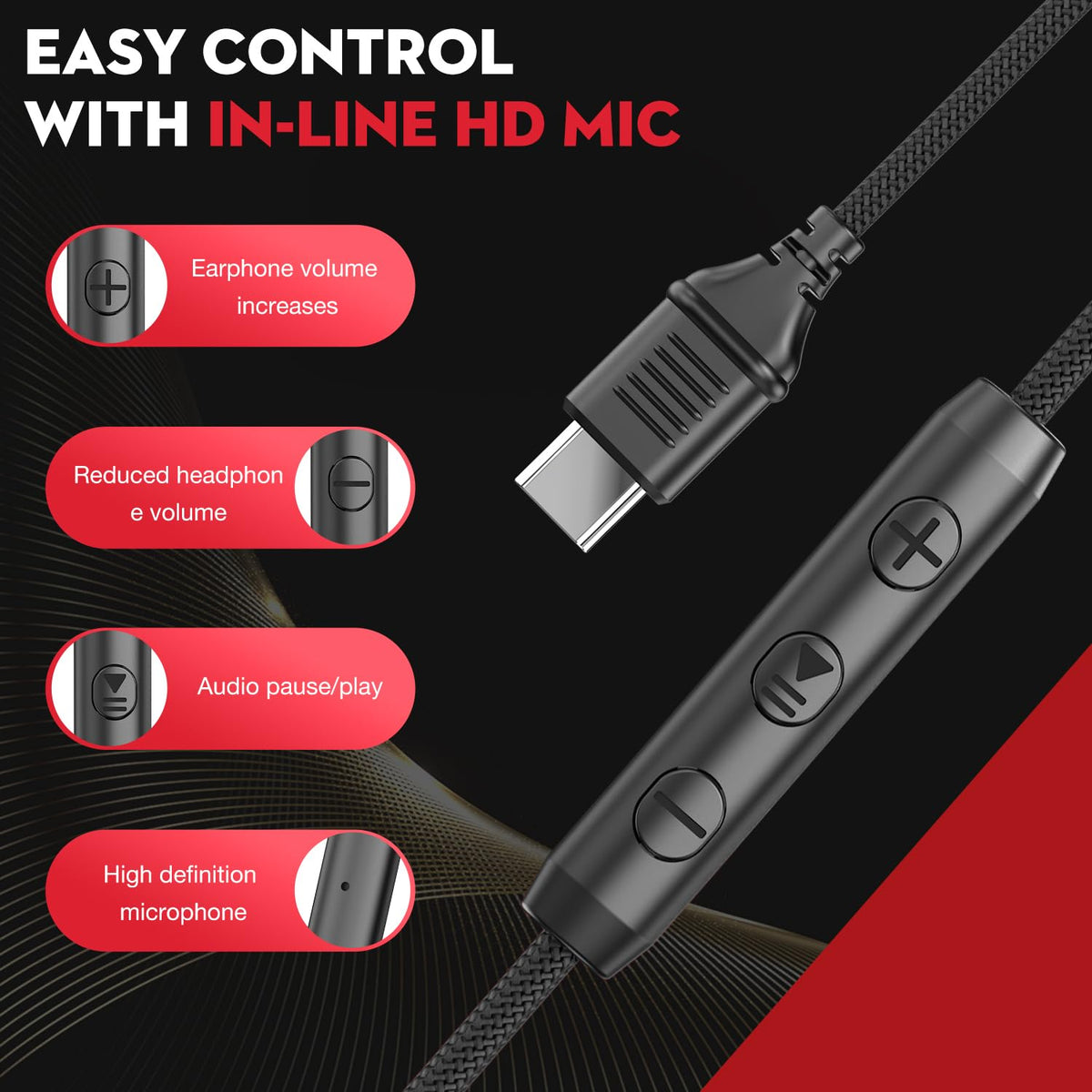 Bywulanda USB-C headphones mic closeup showing built-in mic and controls
