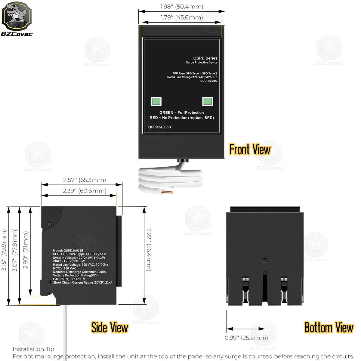 Bzcovac label and specs plate showing ratings and clear specification benefit