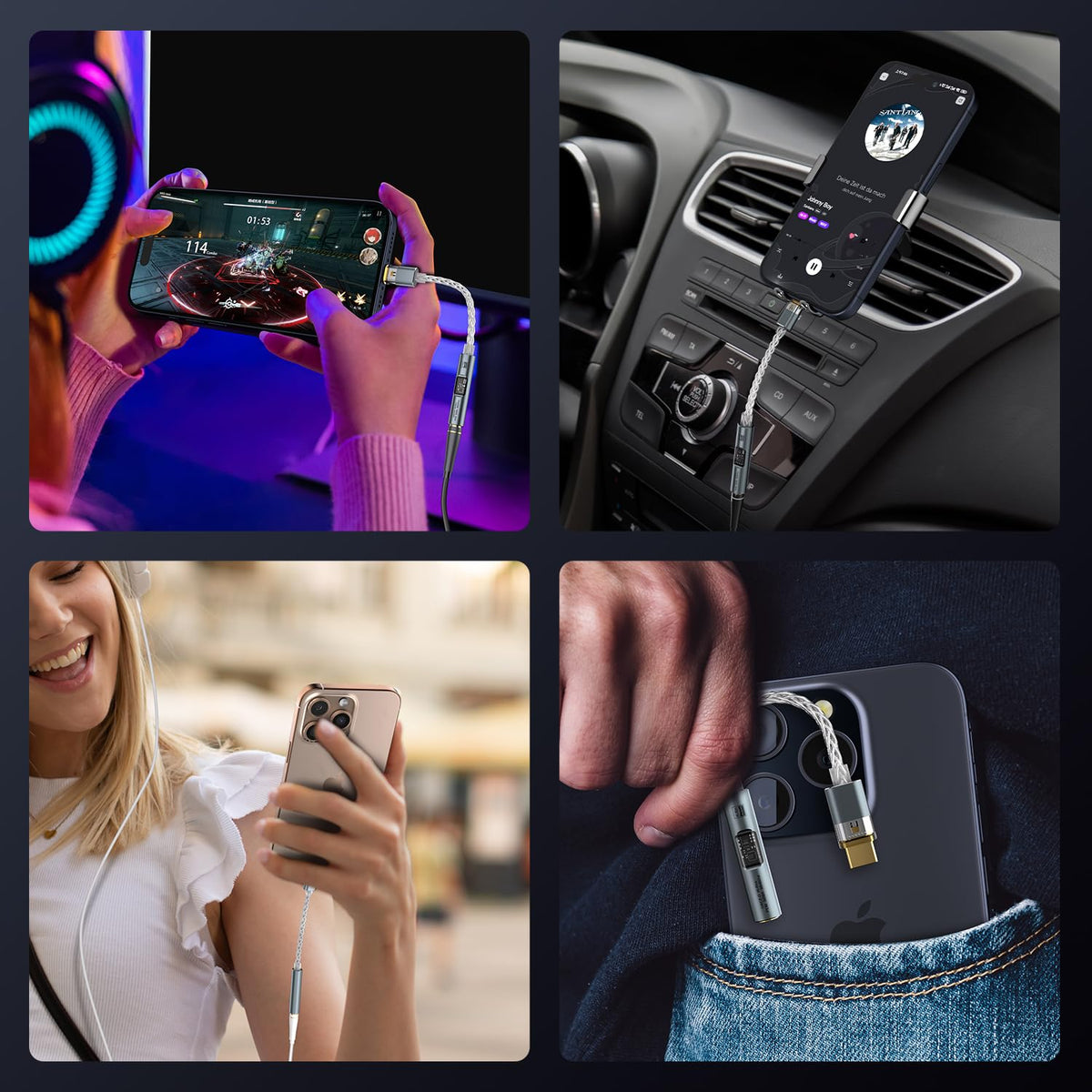 USB-A adapter included to extend compatibility across devices and car stereos.