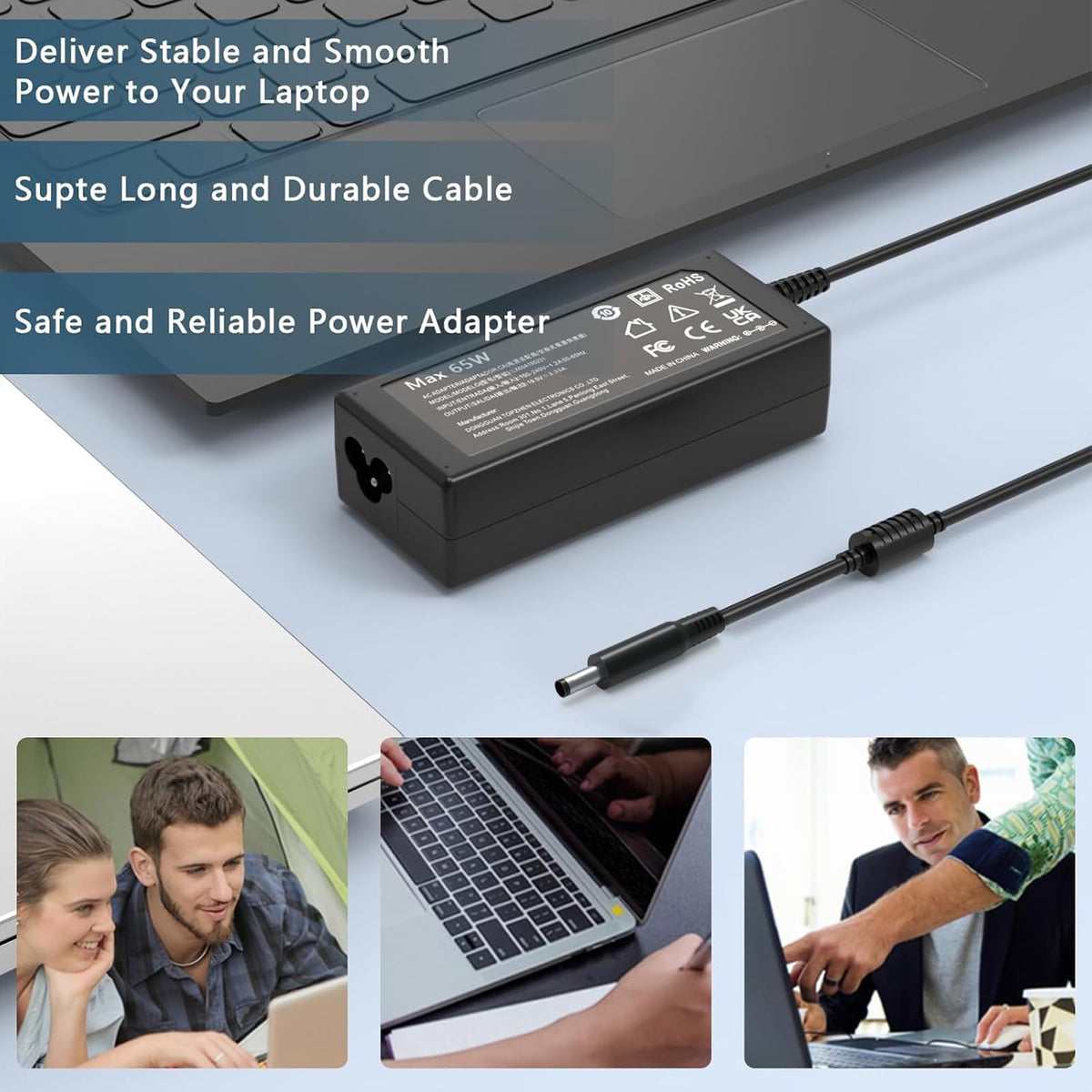 Packaging image highlighting Dell compatibility and 65W performance