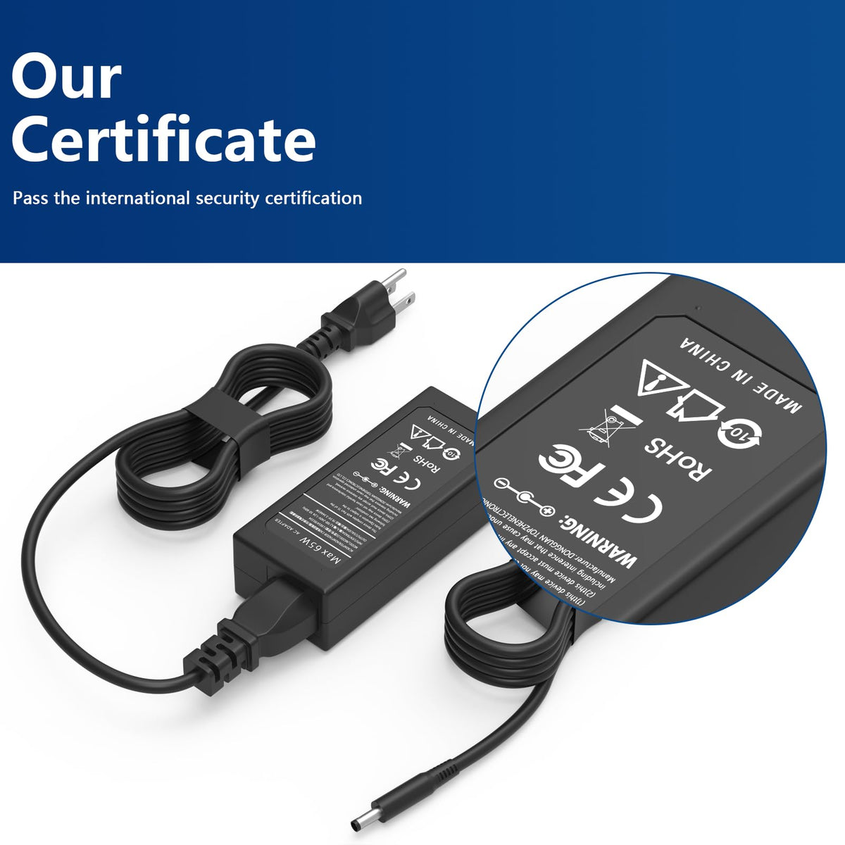 Bzylon 65W Dell adapter label view, showcasing safety and compatibility marks.