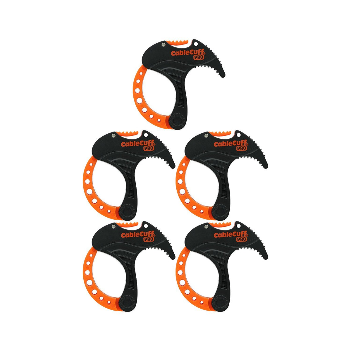 Cable Cuff brand front packaging showing five small 1-inch reusable cuffs and benefits