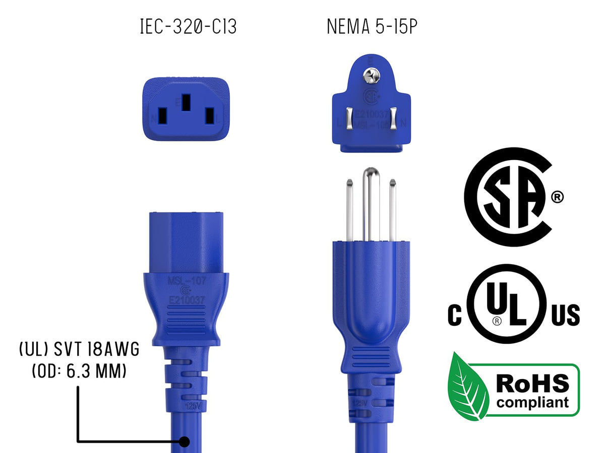 Cable Leader blue IEC C13 end connected to a computer setup.