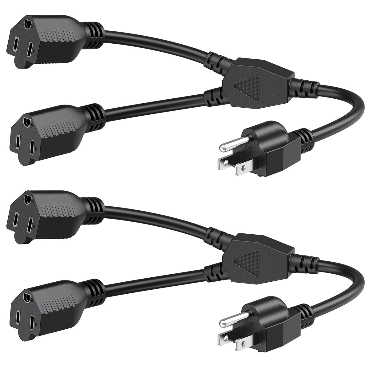 Cable Matters 2-outlet splitter cord adding outlets near a single wall socket.