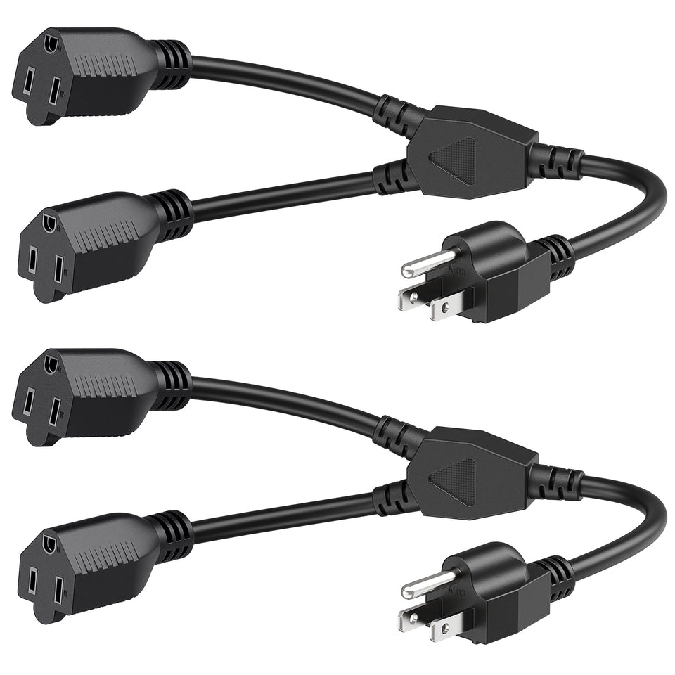 Cable Matters 2-outlet splitter cord adding outlets near a single wall socket.