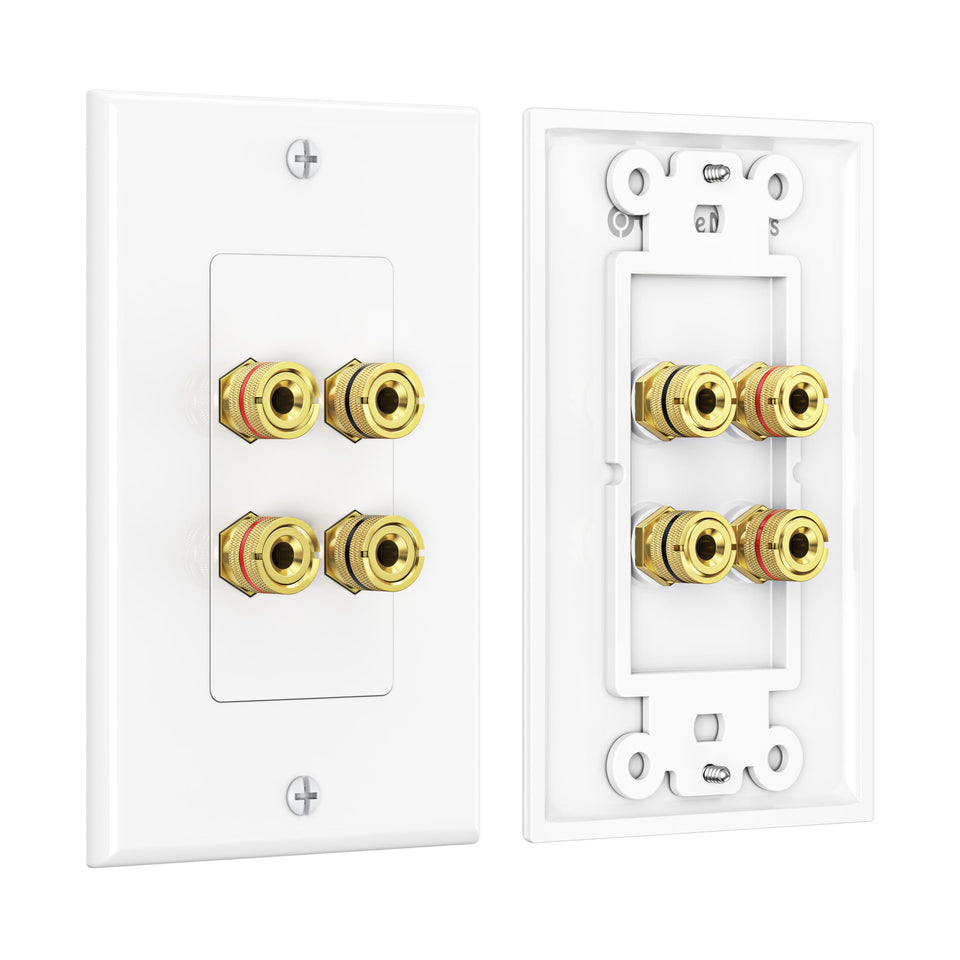 Cable Matters gold-plated speaker wall plate with banana plug terminals connects two speakers.