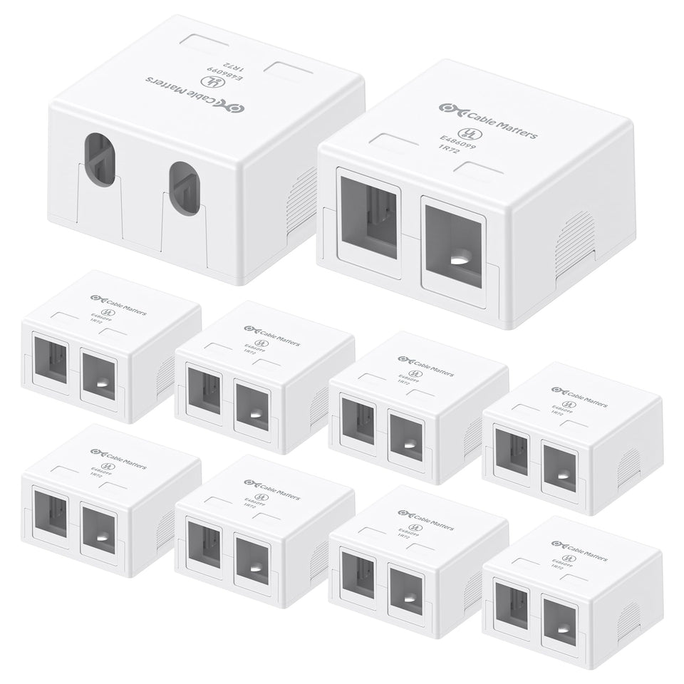Cable Matters 2-port keystone surface box white front view for clean wall mounting.