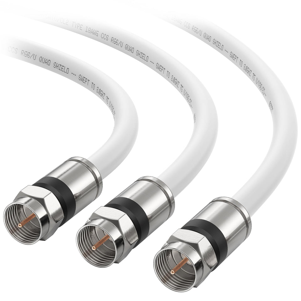 Cable Matters 3-pack RG6 cable with white jacket, ideal for TV and modem setups.