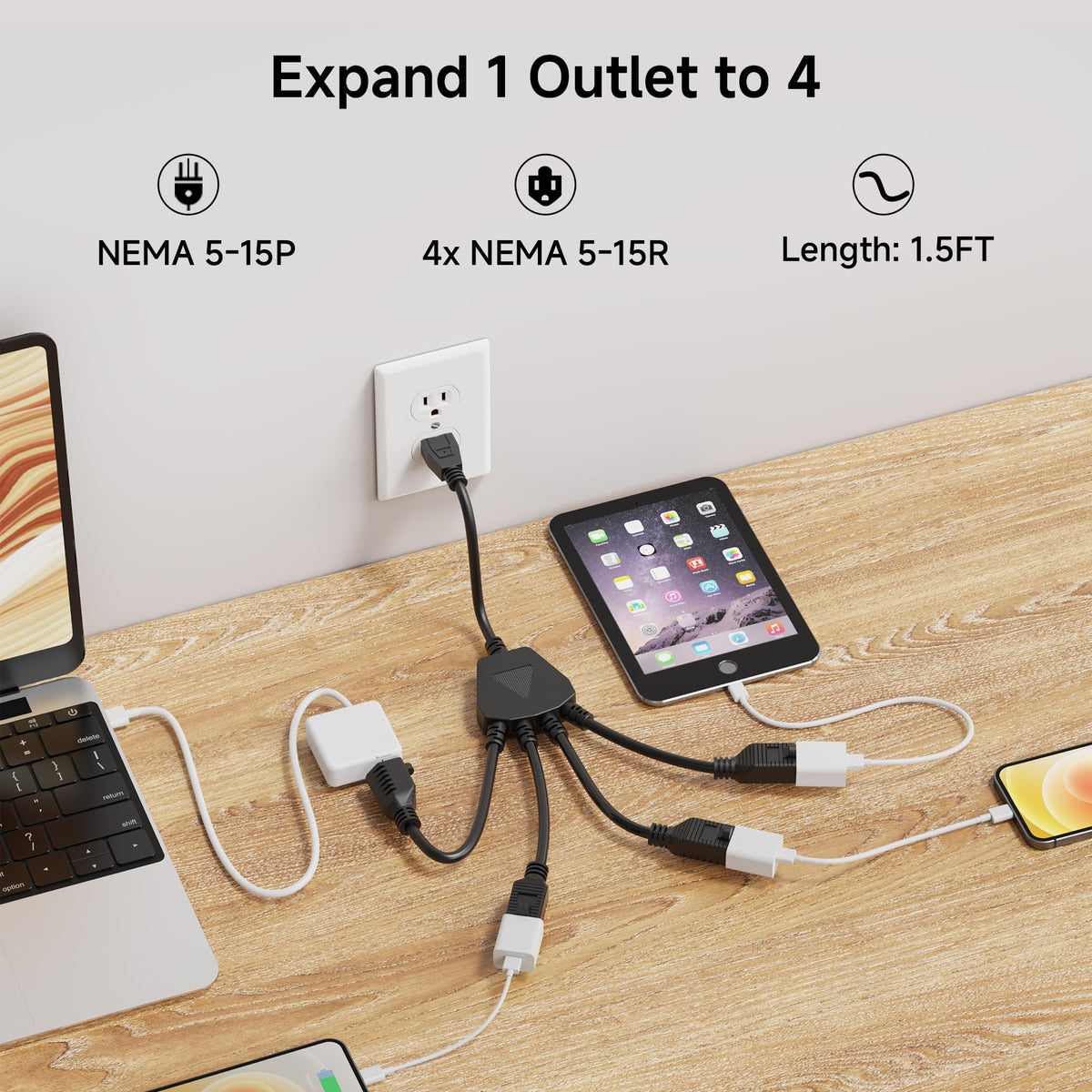 Cable Matters four-outlet Y-splitter enables convenient power expansion.