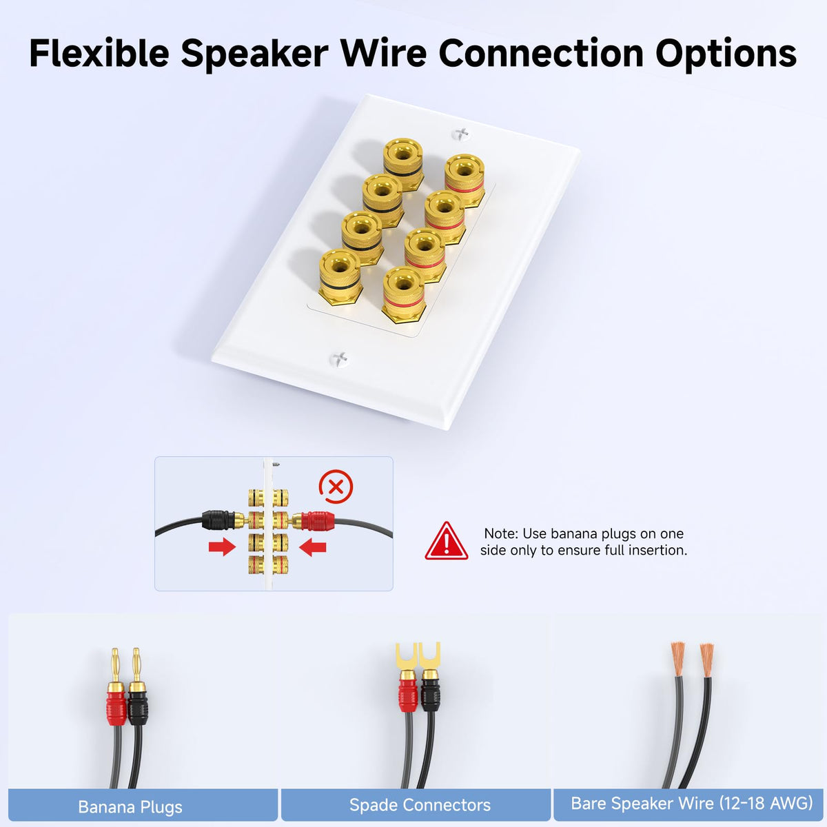 Gold binding post terminals with red and black labels for easy wiring