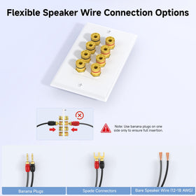 Gold binding post terminals with red and black labels for easy wiring