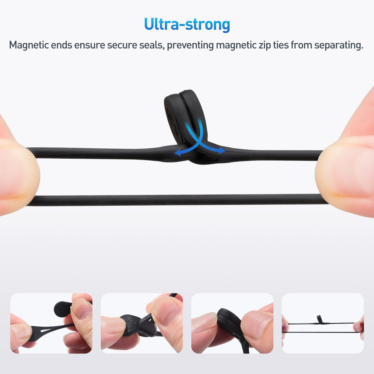 Cable Matters black silicone magnetic cord ties for color-coded cable management.