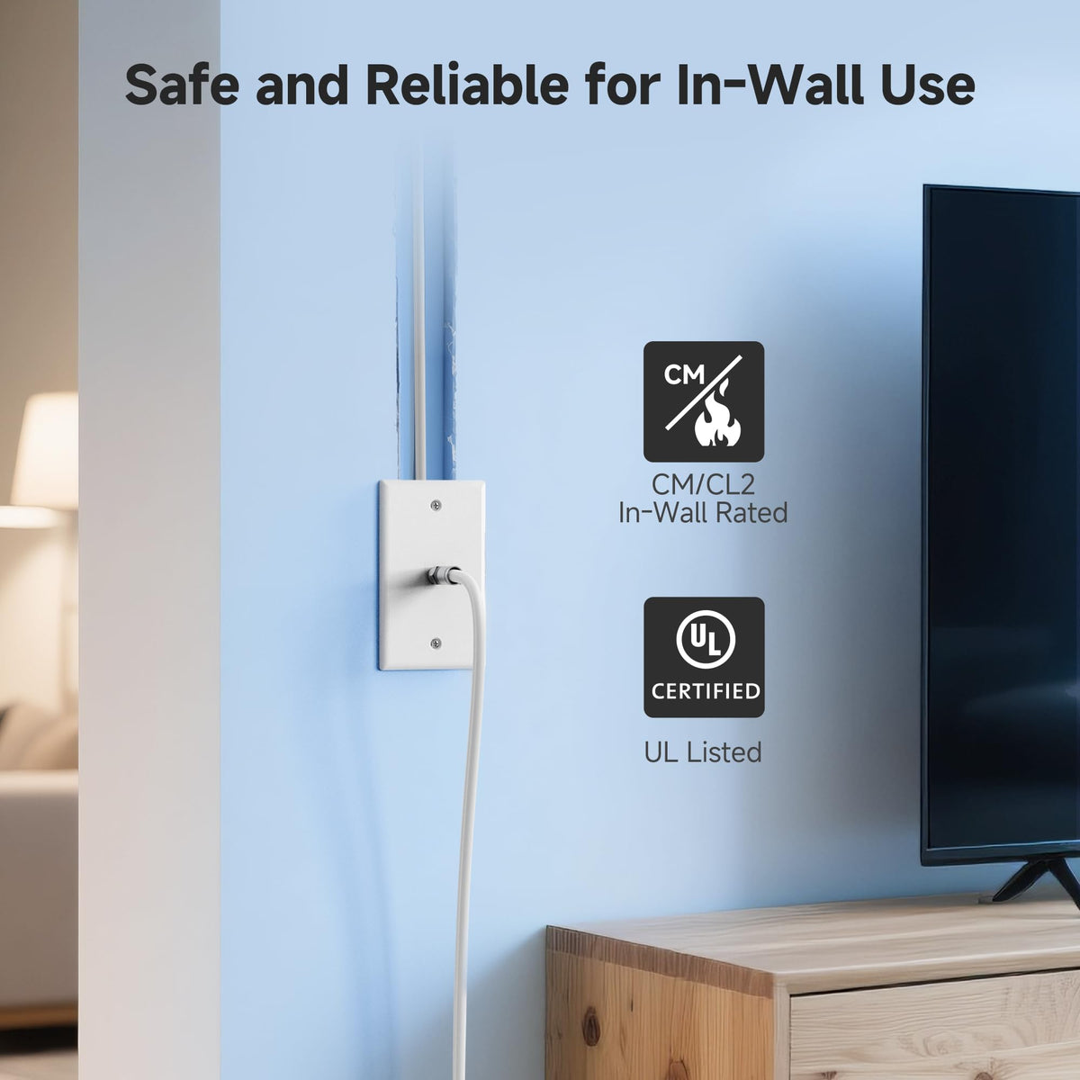 Cable Matters cable connected to TV in living room for clear picture benefit