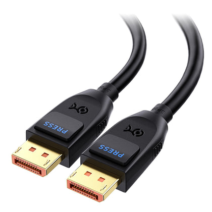 Cable Matters DP80 DisplayPort 2.1 connector close-up for stable 80Gbps gaming visuals.