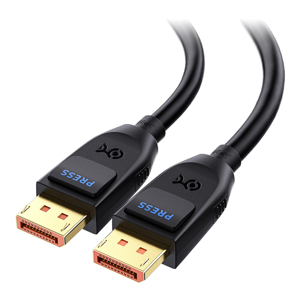Cable Matters DP80 DisplayPort 2.1 connector close-up for stable 80Gbps gaming visuals.