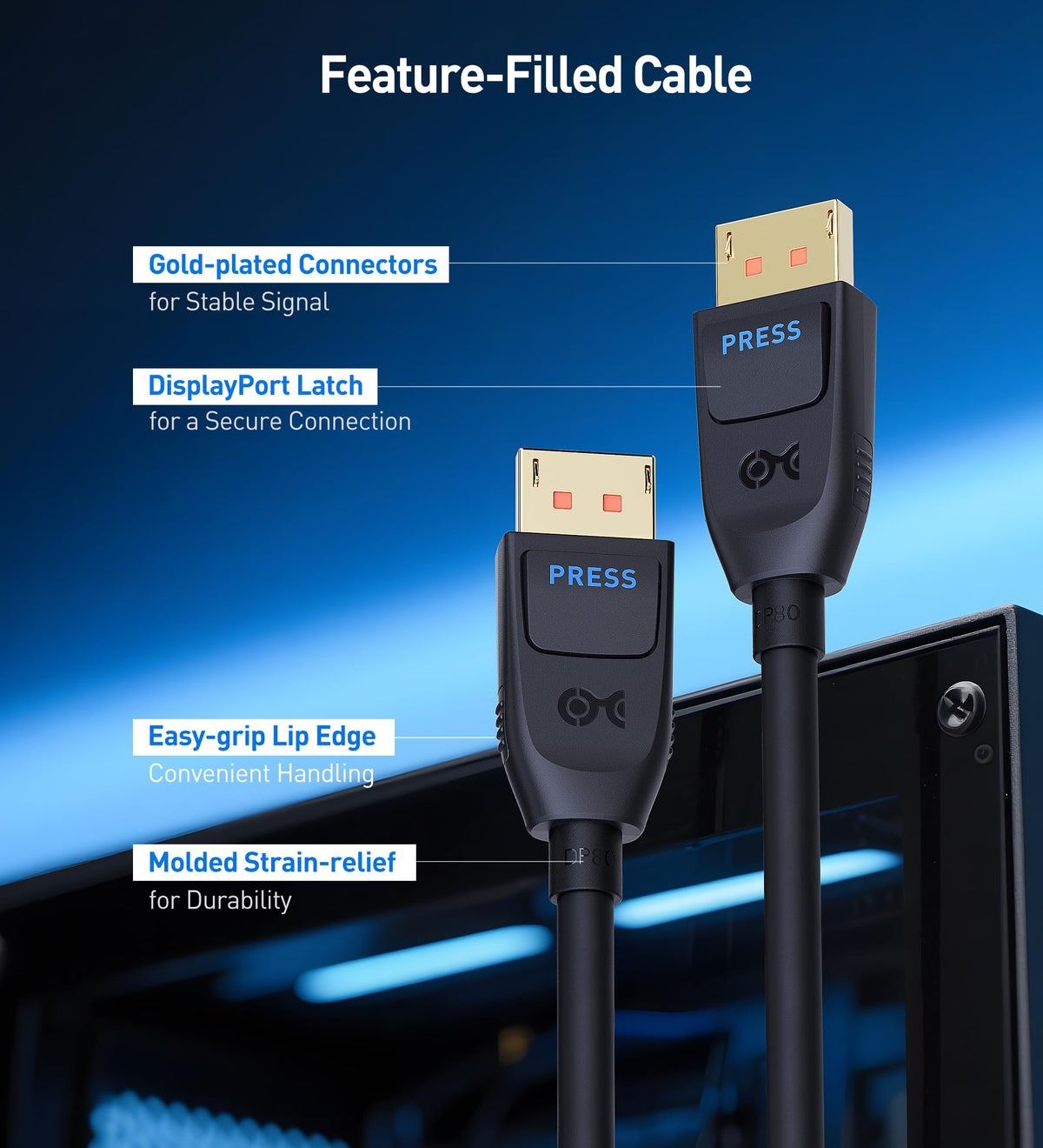Cable Matters DP80 supports FreeSync and G-Sync for tear-free gaming on high-refresh displays.