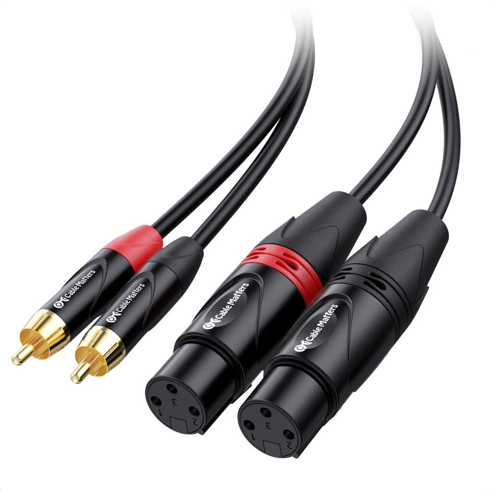 Cable Matters dual XLR to RCA cable with 10 ft length and locking clip for secure connections.