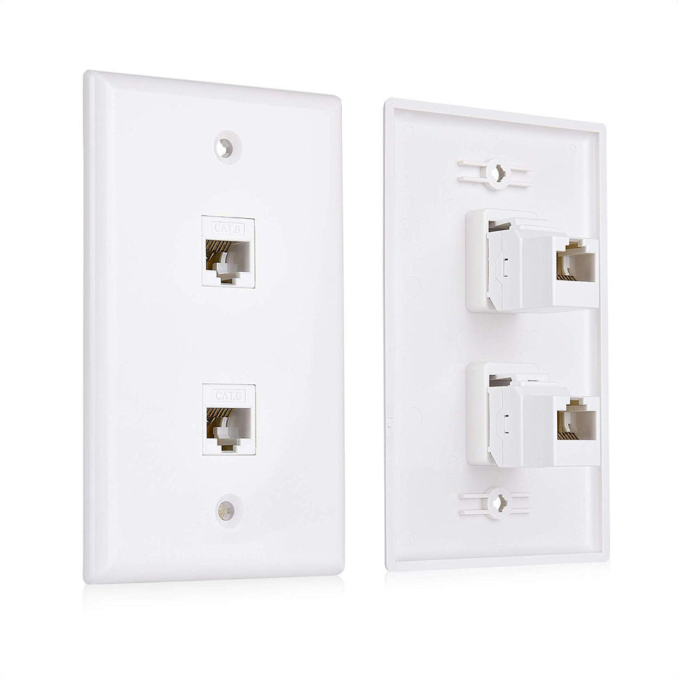 Cable Matters front faceplate showing two Cat6 RJ45 ports and clean finish, professional result