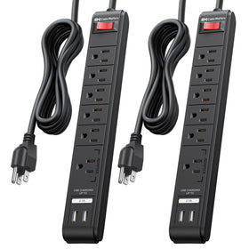 Cable Matters front view of power strip showing six outlets and USB ports for organized charging