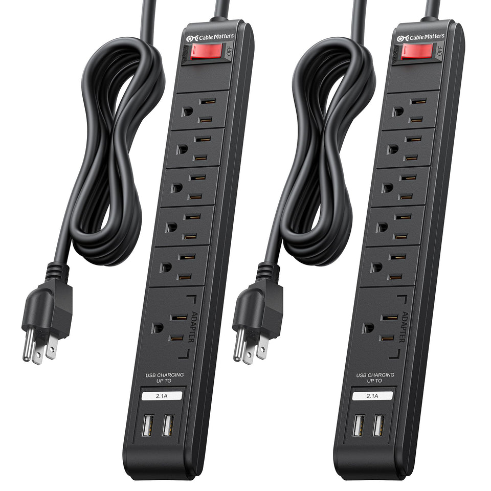 Cable Matters front view of power strip showing six outlets and USB ports for organized charging