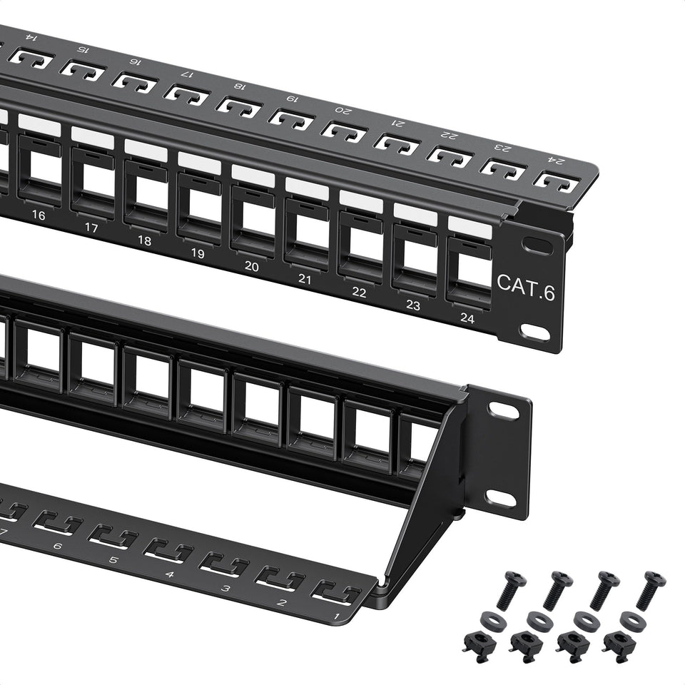 Cable Matters front panel showing 24 keystone ports and port labels for tidy installations