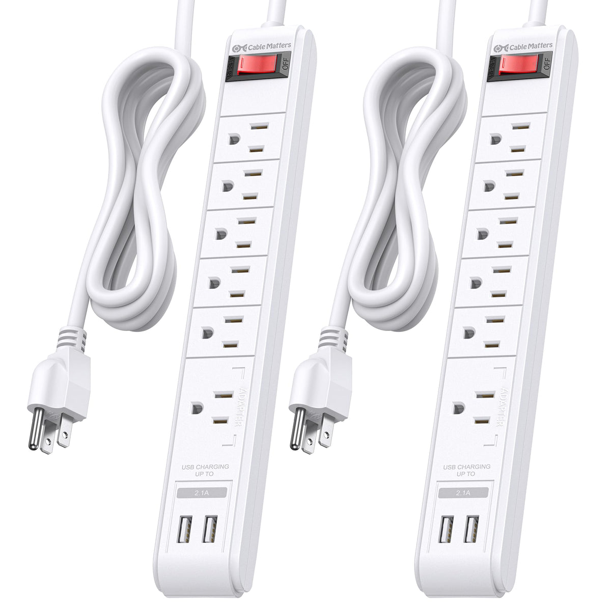 Cable Matters front view of the white power strip showing outlets and USB ports for versatile power