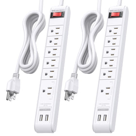 Cable Matters front view of the white power strip showing outlets and USB ports for versatile power