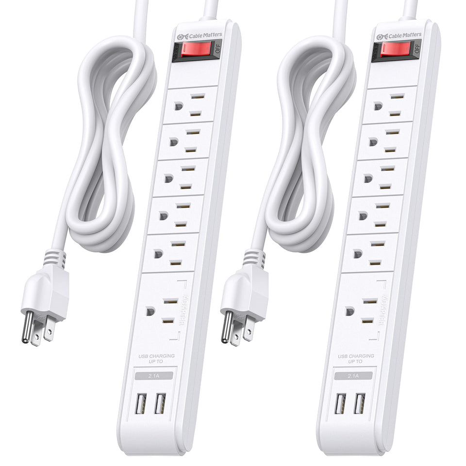 Cable Matters front view of the white power strip showing outlets and USB ports for versatile power