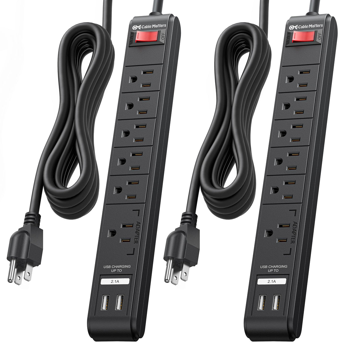Cable Matters front view of 6-outlet power strip showing layout and benefits