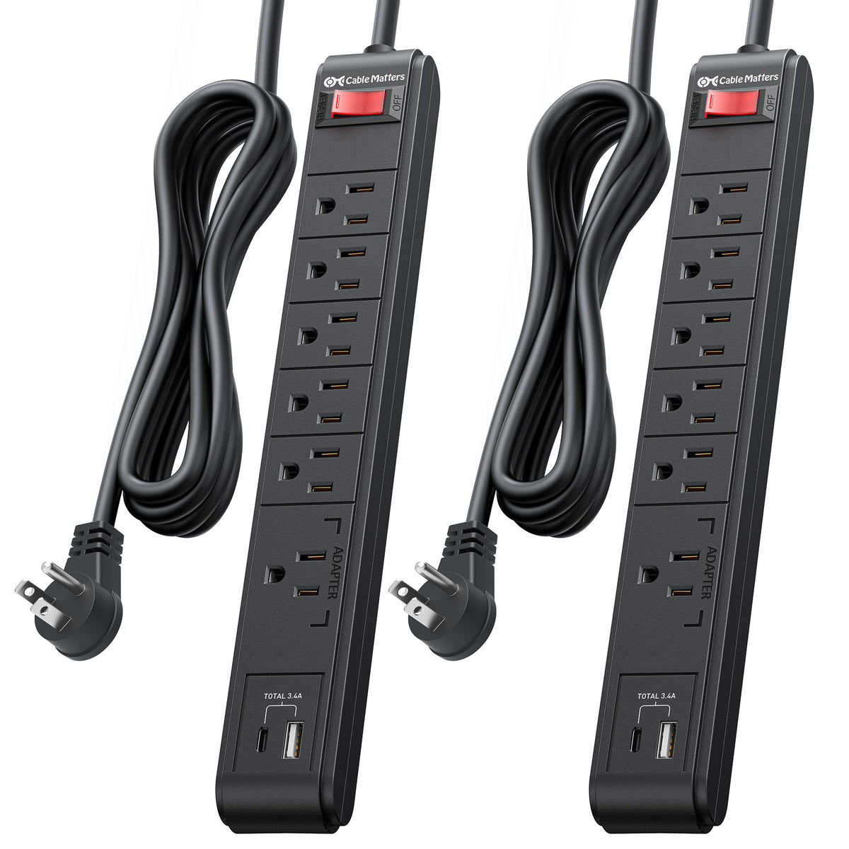Cable Matters front view showing six outlets and USB ports for convenient charging