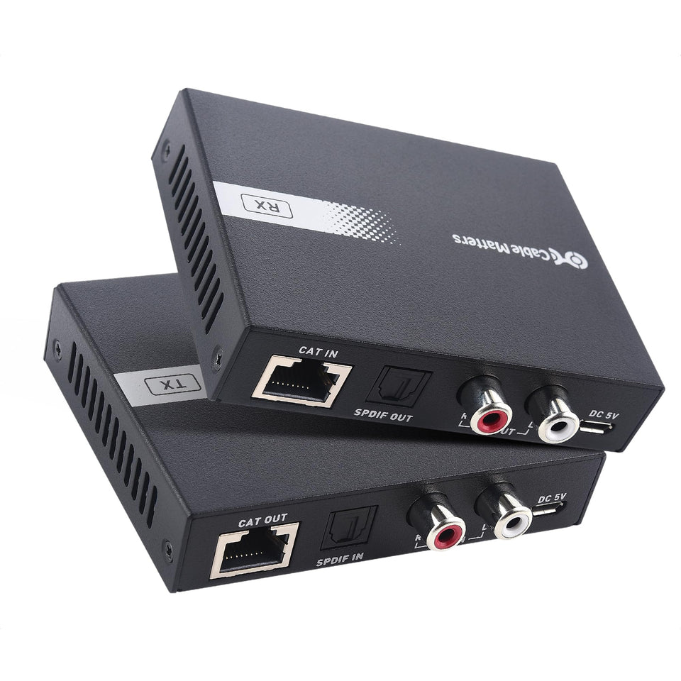 Cable Matters front view of transmitter and receiver showing compact metal housings for reliable performance