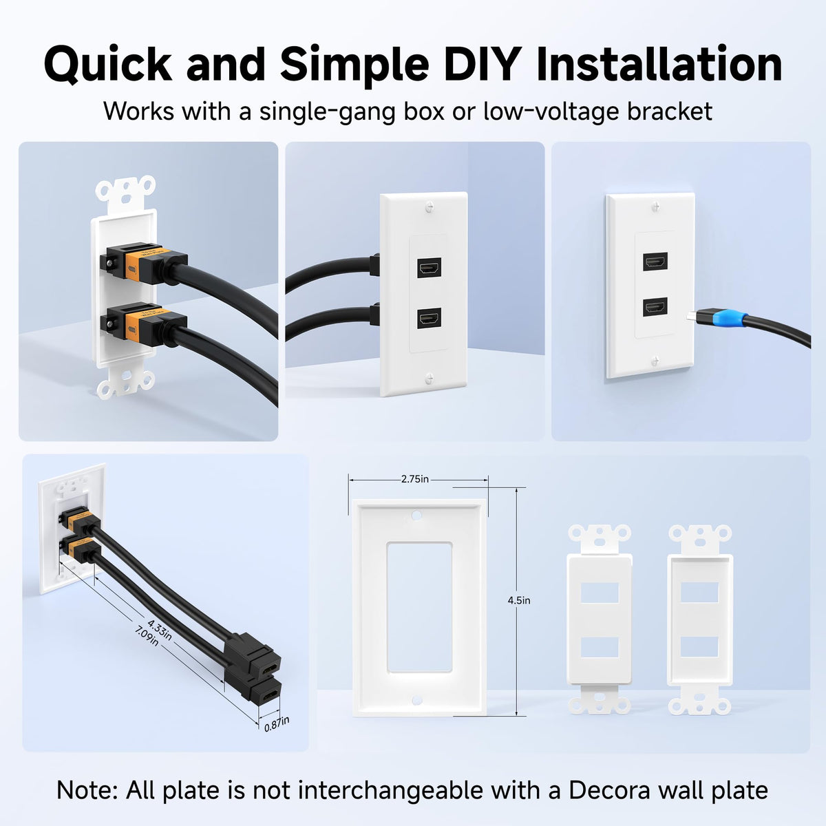 Cable Matters 4K-ready wall plate installed near AV receiver for streamlined cabling.