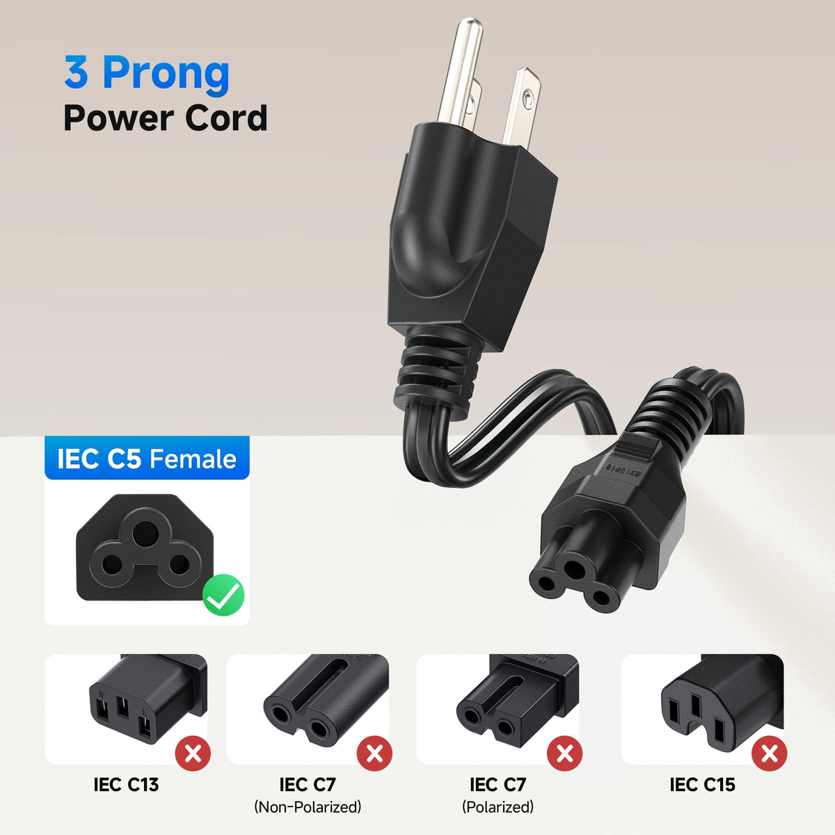 Cable Matters close-up of IEC C5 cloverleaf connector showing secure fit