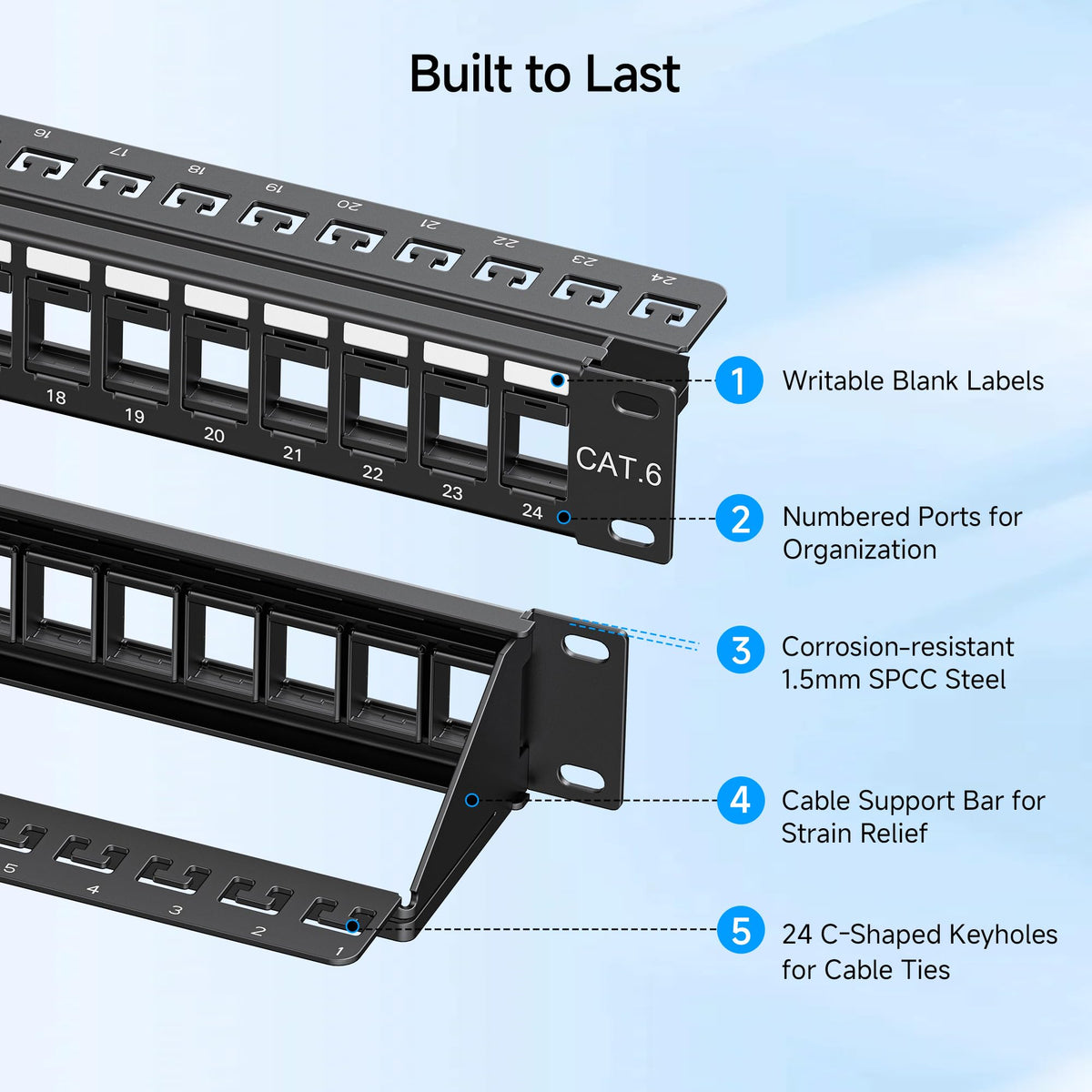 Cable Matters installed in 19-inch rack with patch cords demonstrating organized deployment