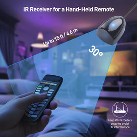 Blue LED IR receiver indicates signal transmission during use.