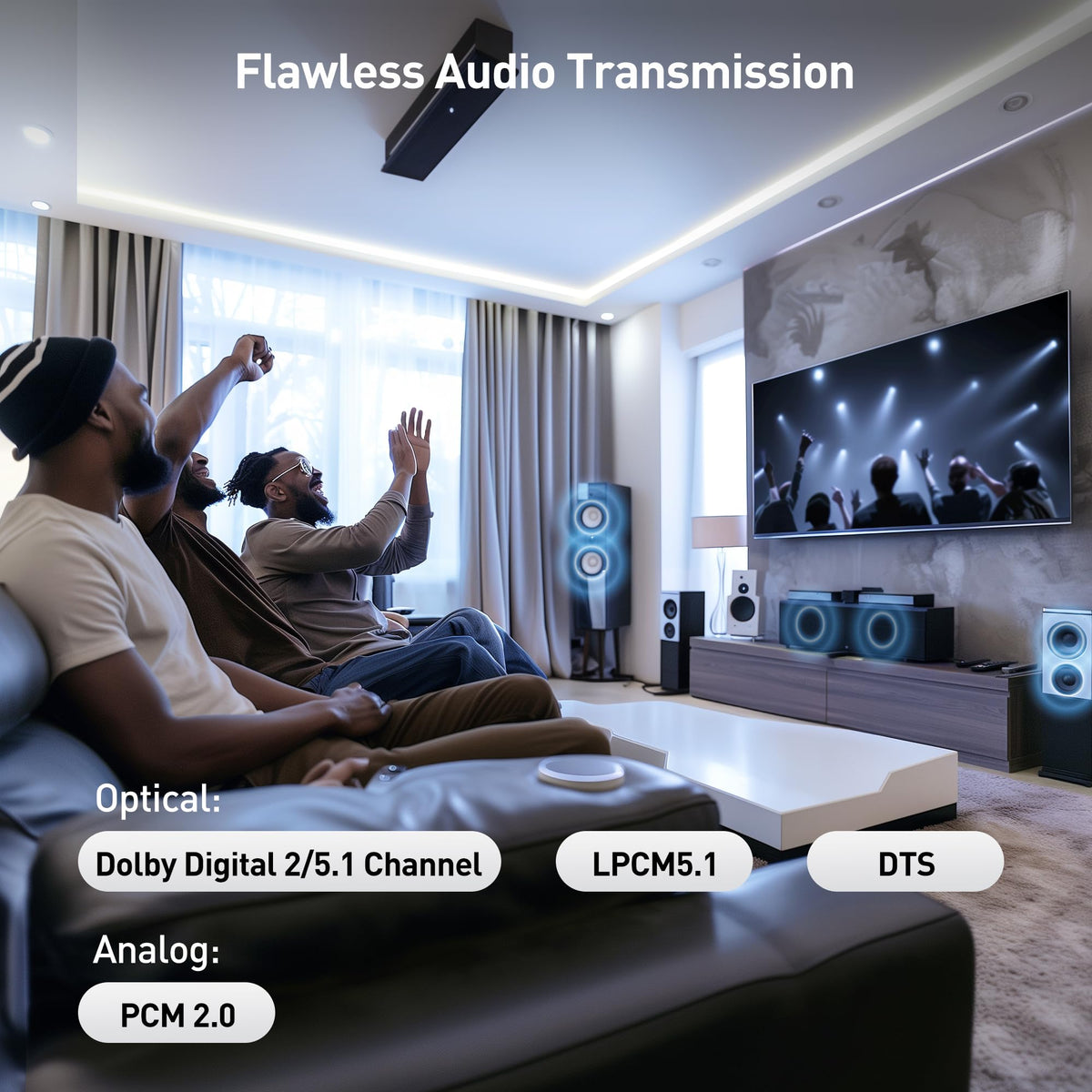 Cable Matters LED status indicators lit to confirm power, link, and stable audio transmission