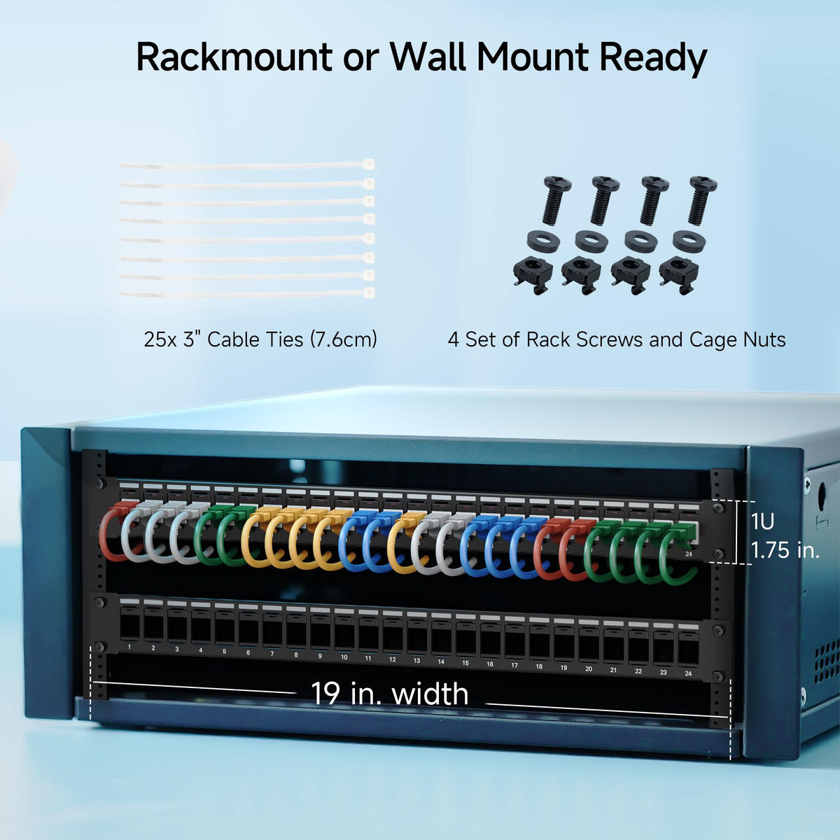 Cable Matters in a small network closet showing consolidated AV and data cable management