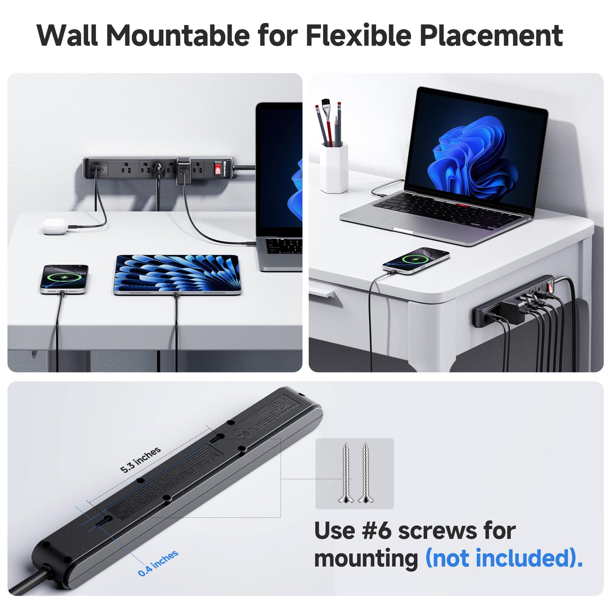 Cable Matters in a home office powering monitor, lamp, and phone for organized setup