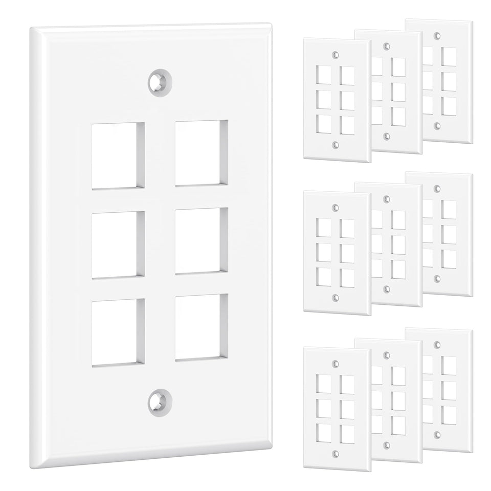Cable Matters low-profile 6-port keystone wall plate in white fits cleanly on any wall surface.