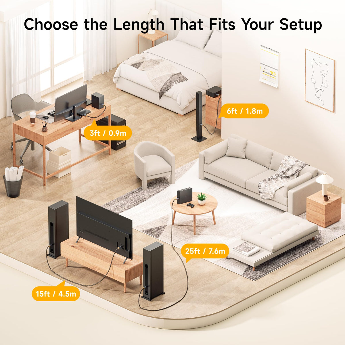 Cable Matters multi-channel surround sound capability example for immersive movies and gaming.