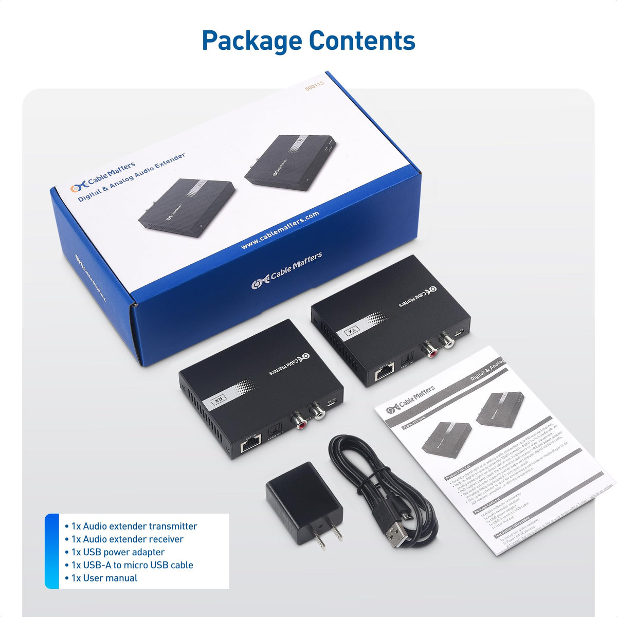 Cable Matters package contents laid out with adapters, power supplies and quick start guide for easy setup