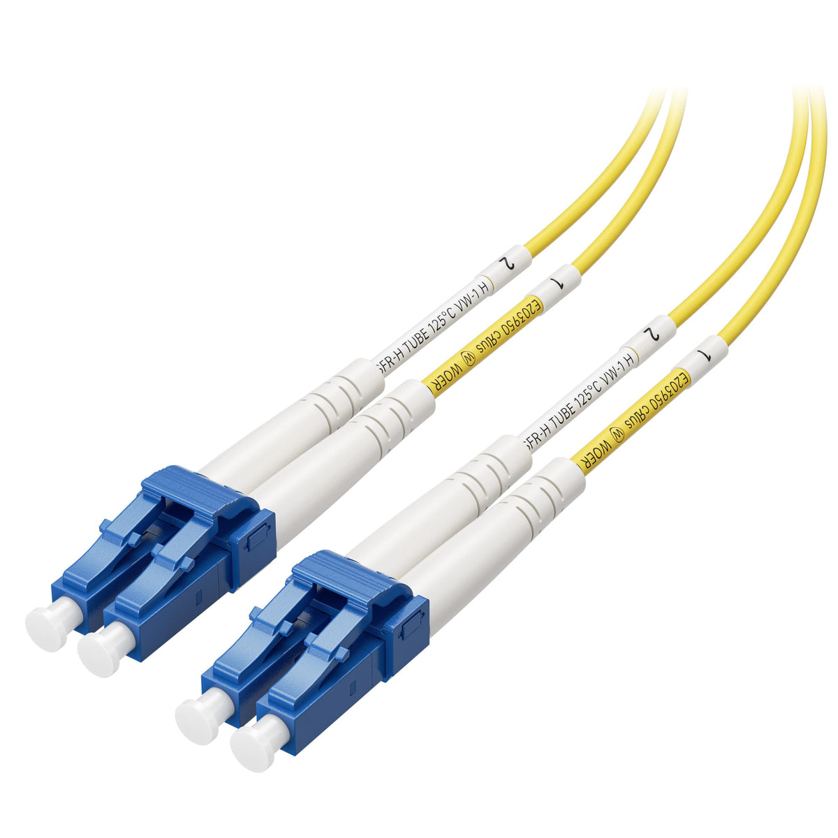 Cable Matters plenum-rated duplex OS2 fiber cable with LC-LC connectors for high-density networks.