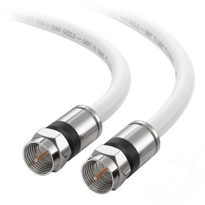 Cable Matters RG6 coaxial cable with white jacket, 100ft, ideal for TV and modem setup.