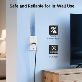 Cable Matters cable routed inside wall cavity demonstrating in-wall CL2/CM rated safety