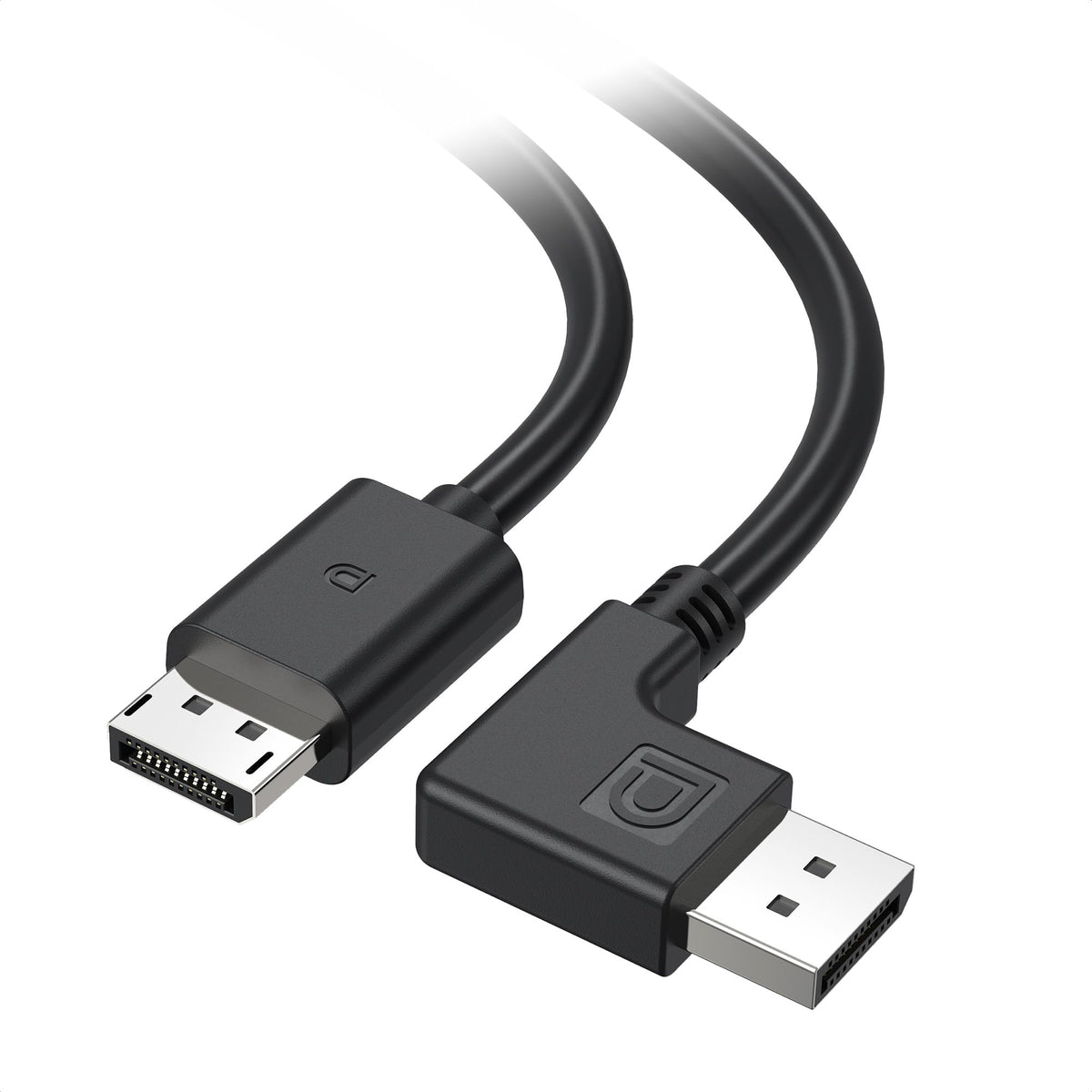 Cable Matters right-angle DisplayPort 1.4 cable keeps behind-monitor setup tidy.