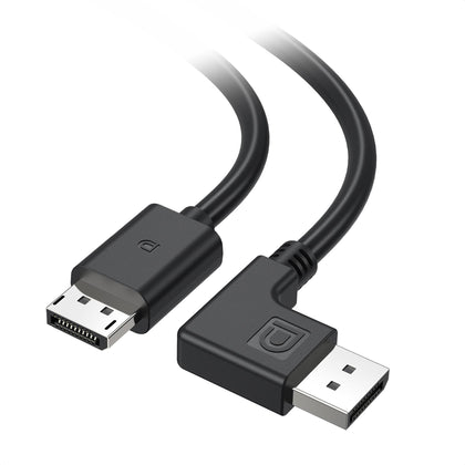 Cable Matters right-angle DisplayPort 1.4 cable keeps behind-monitor setup tidy.